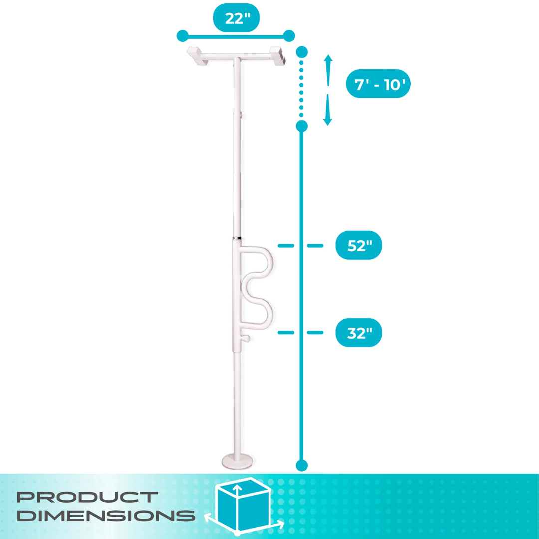 Diagram of the Stander Wonder Pole - Fall Prevention Safety Pole for the Home: white, floor-to-ceiling, 22" wide, adjustable height 7–10', grab bars at 32" and 52" from base. Text: Product Dimensions.