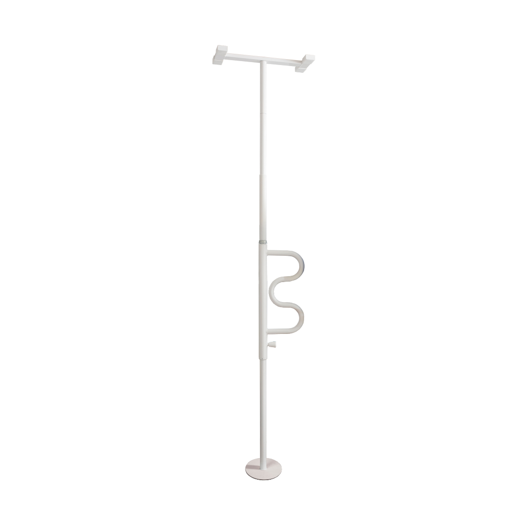 The Stander Wonder Pole HD - Bariatric Fall Prevention Safety Pole is a white, adjustable floor-to-ceiling support pole with a curved grab bar for enhanced stability and safety.