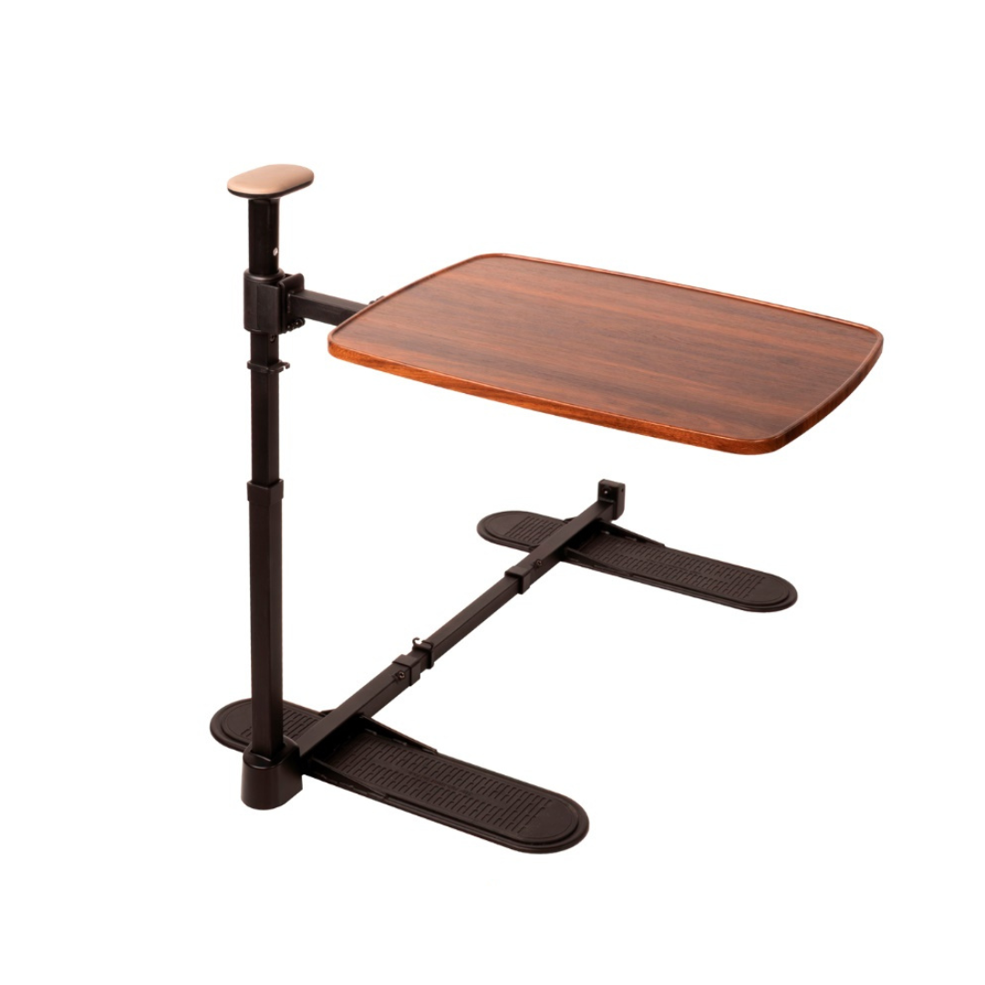 The Stander Wonder Tray Plus – TV Tray & Standing Aid features a wooden top, sturdy black metal frame, and base that slides under furniture for easy use while sitting or lying down.