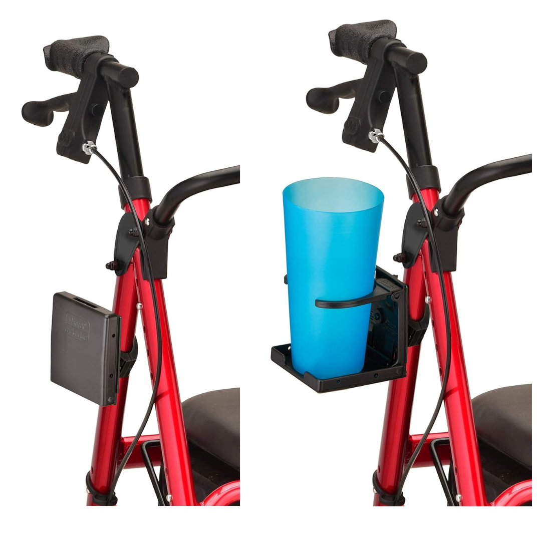 Side-by-side images of a red mobility scooter handlebar using Nova Medical Star Series & Express Rollator Accessories: left shows the adjustable cup holder closed, right shows it open with a large blue cup inside.