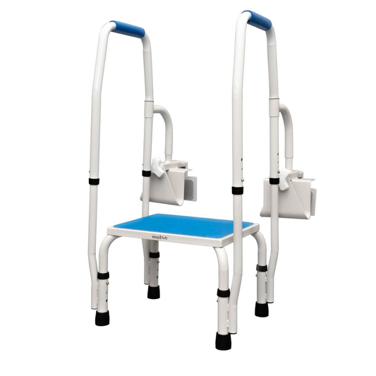 The Step2Tub Bathtub Step Stool is a white and blue adjustable shower step stool with dual handrails and non-slip feet, offering safety and support for bathing, fall prevention in the bathroom, or as a bedside safety step.
