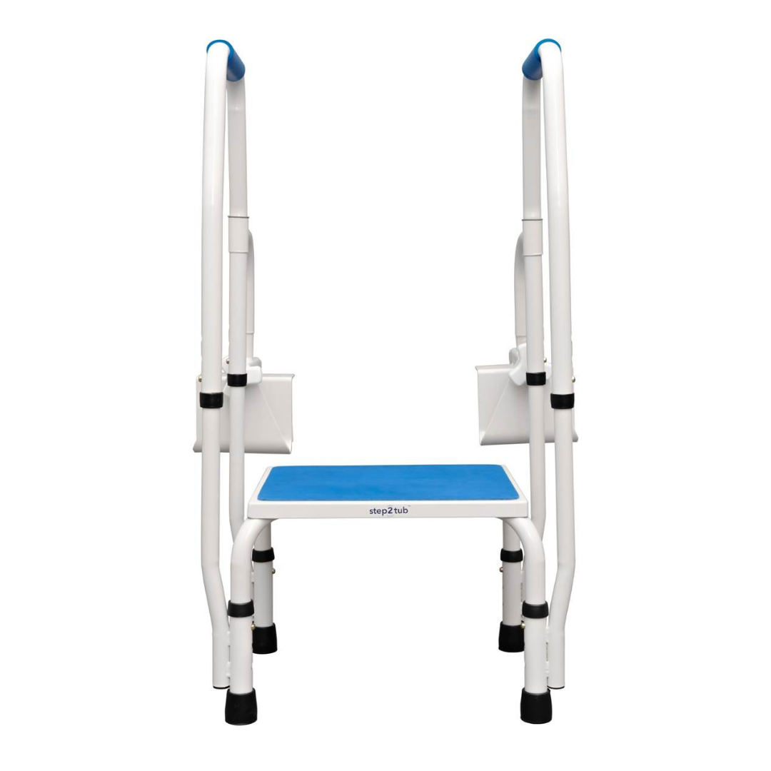 The Step2Tub Bathtub Step Stool features handrails on both sides, a blue non-slip platform, and black rubber feet for added stability—designed for fall prevention and safe stepping up.
