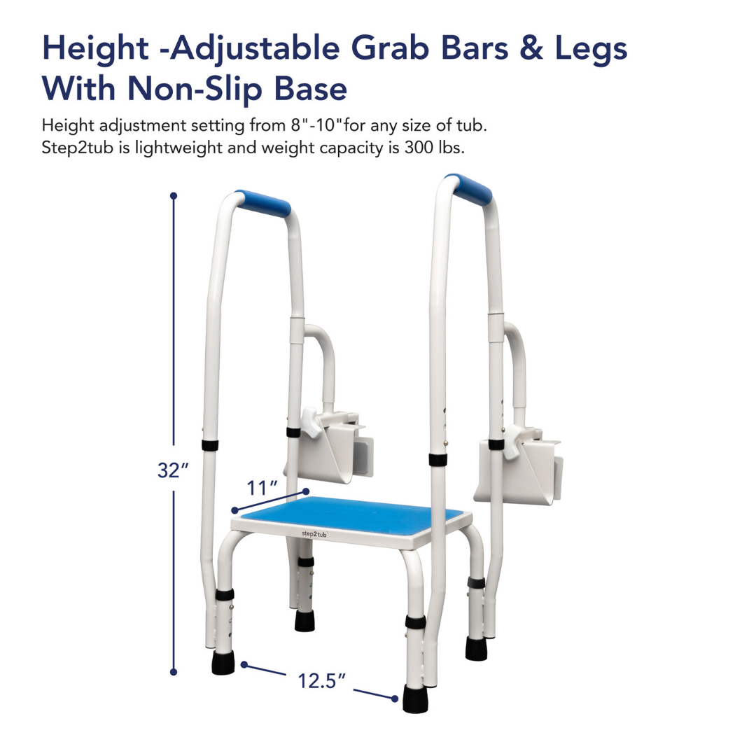 The Step2Tub Bathtub Step Stool features height-adjustable grab bars and a non-slip base. Measuring 32 tall, 11 deep, and 12.5 wide, it supports up to 300 lbs—ideal as a bed step or for safe bathtub entry.