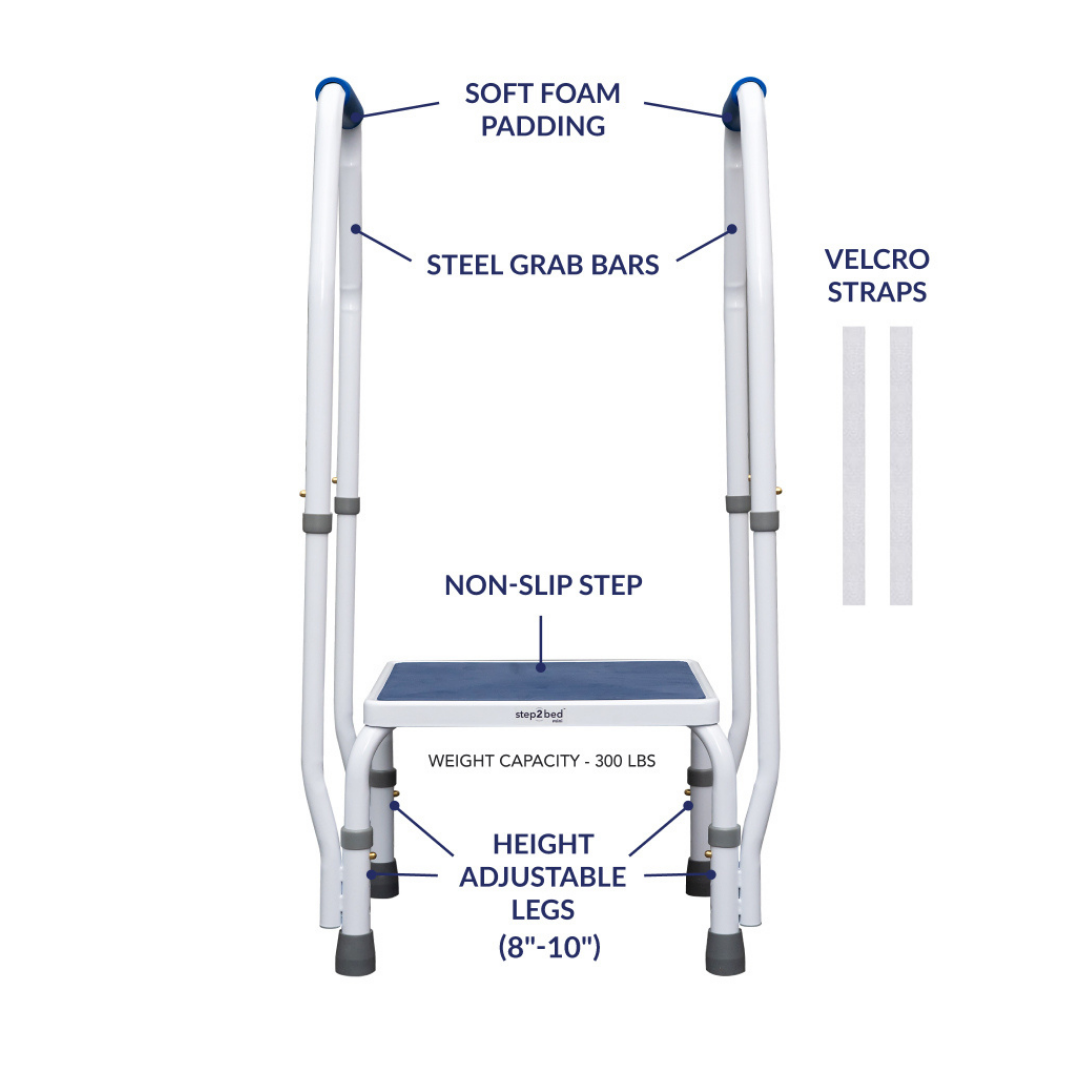 Front view of Step2Bed Mini Bedside Stepper with soft foam padding, steel grab bars, velcro straps, non-slip step, and 8-10 in height adjustable legs. Mobility aid for fall prevention; supports up to 300 lbs.