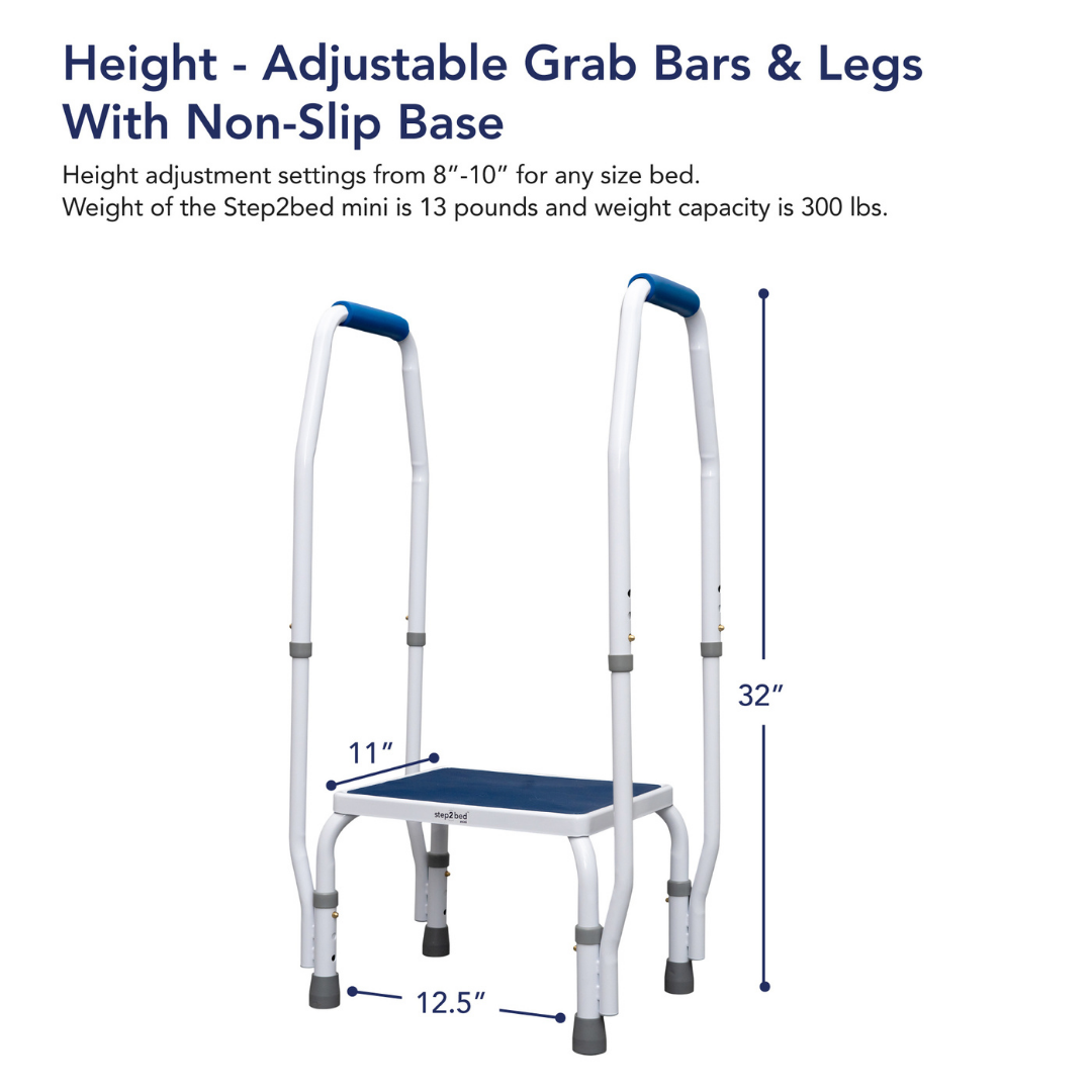 The Step2Bed Mini Bedside Stepper features white and blue design, height-adjustable 32 grab bars, non-slip base, and an 11x12.5 platform—perfect for fall prevention and mobility. Supports up to 300 lbs; weighs only 13 lbs.