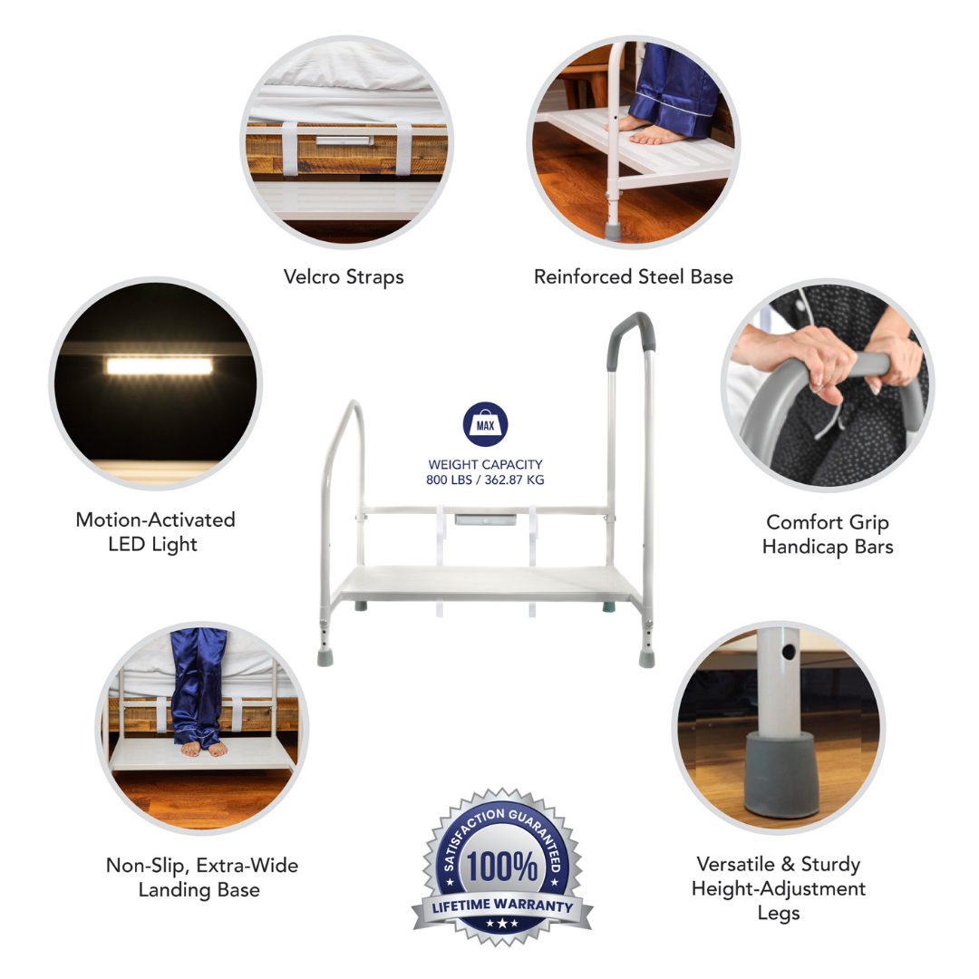 The Step2Bed XL Bedside Stepper features a reinforced steel base, velcro straps, motion-activated LED light, comfort grip bars, non-slip extra-wide landing base, height-adjustable legs, 800 lb capacity—ideal for fall prevention. Lifetime warranty included.