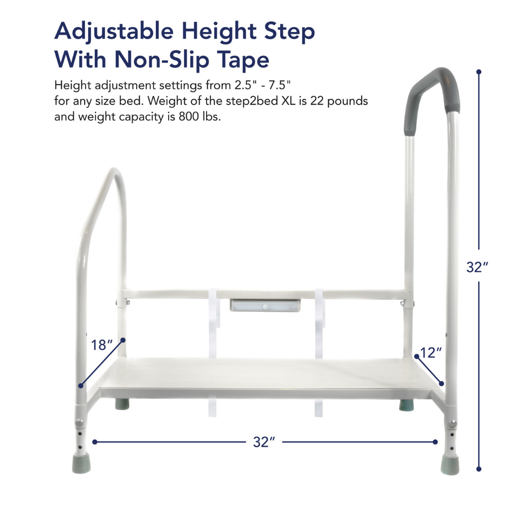 The Step2Bed XL Bedside Stepper is a white adjustable safety step with non-slip tape, side handles (32 high), and four legs. Height adjusts from 2.5 to 7.5, width is 32, supports up to 800 lbs—ideal for fall prevention and improved mobility.