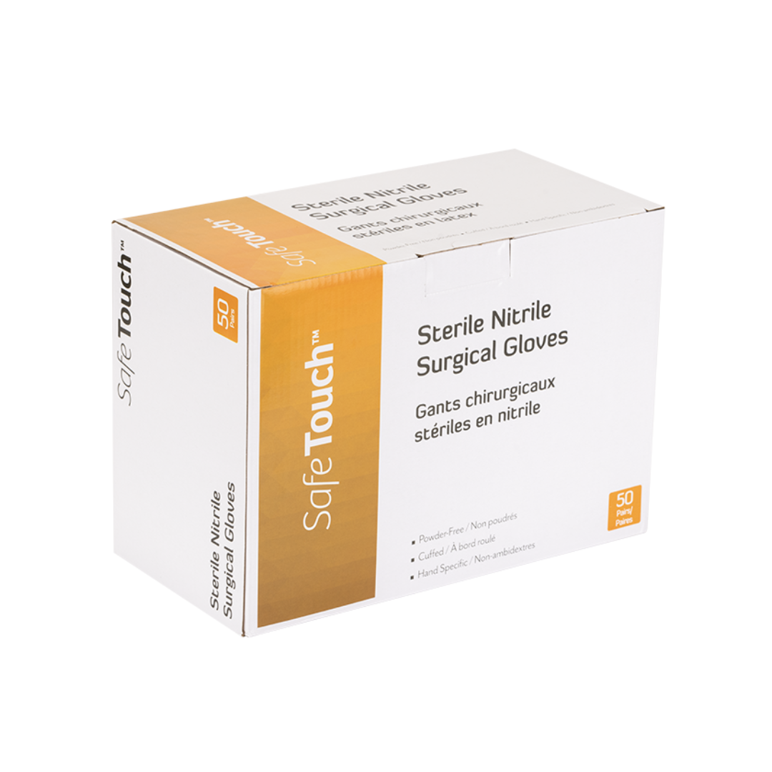 A box of Dynarex SafeTouch Sterile Nitrile Powder-Free Surgical Gloves with orange and white packaging, labeled in English and French, contains 50 pairs of sterile gloves.