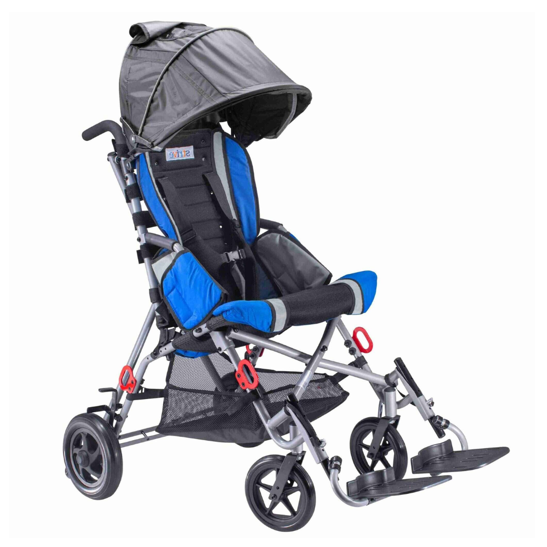 The Circle Specialty Strive Adaptive Stroller is a blue and black pediatric wheelchair stroller featuring a sun canopy, padded seat, safety harness, large rear wheels, small front wheels with footrests, and an under-seat storage basket.