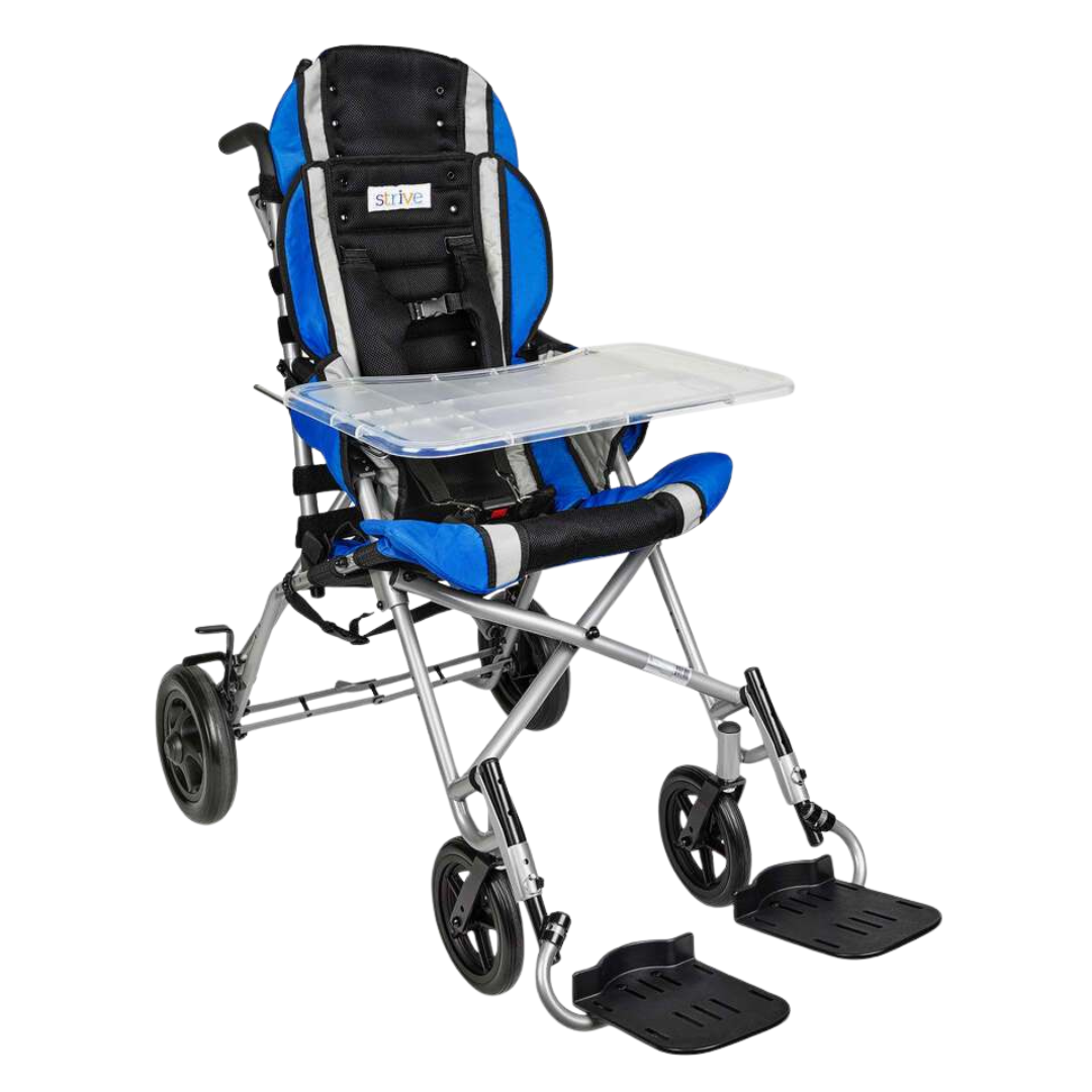 The Circle Specialty Strive Adaptive Stroller is a blue and black pediatric wheelchair stroller featuring a five-point harness, adjustable footrests and seat depth, large rear wheels, small front wheels, and a clear front tray.