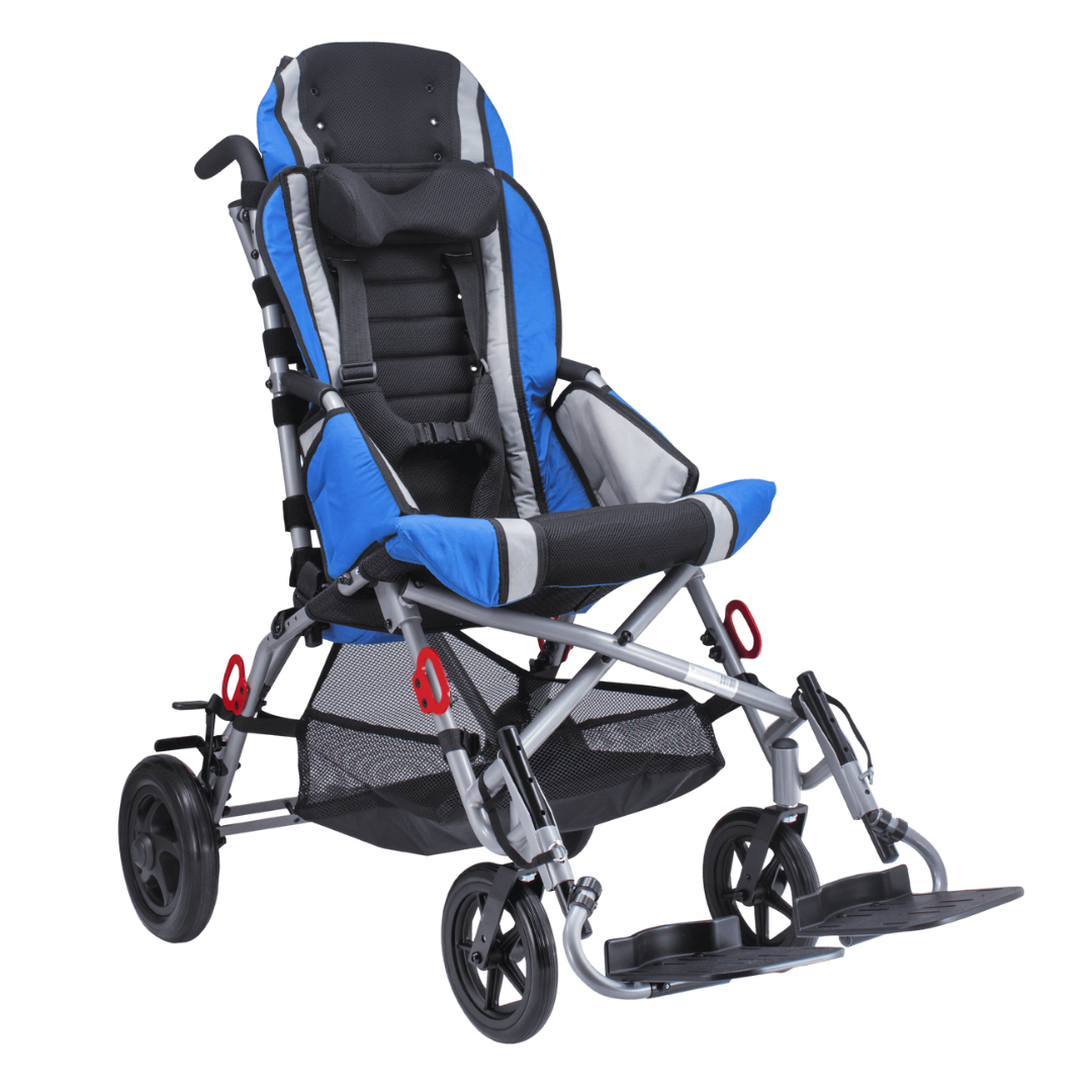 The Circle Specialty Strive Adaptive Stroller is a blue and black pediatric wheelchair for children with special needs, featuring a padded seat, adjustable footrests, four wheels, a mesh storage basket, and a lightweight design.