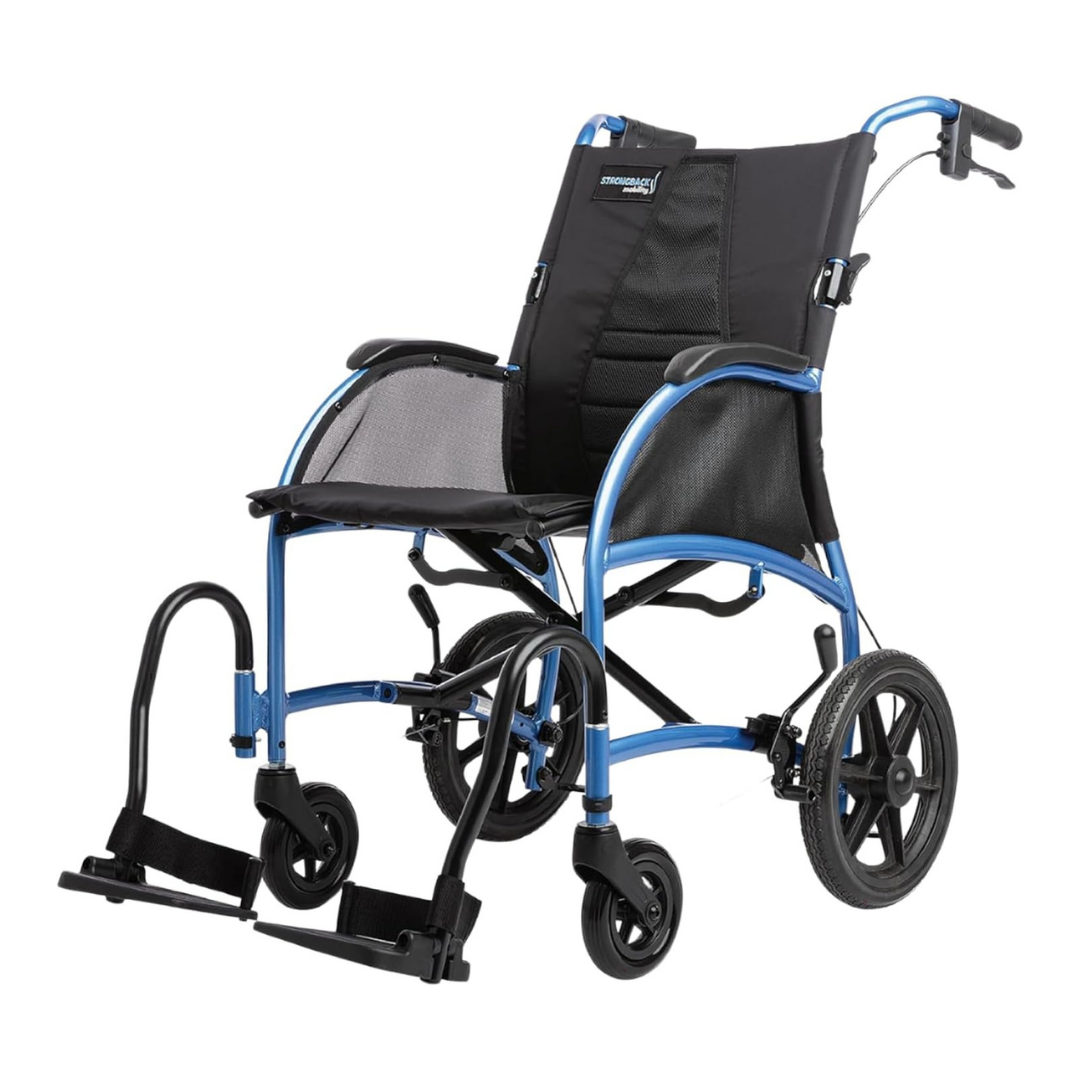 The Strongback Mobility Excursion 12 Transport Wheelchair - Ultralight features a blue frame, black seat, armrests, footrests, and large rear wheels in a foldable ergonomic design for easy mobility and transport.