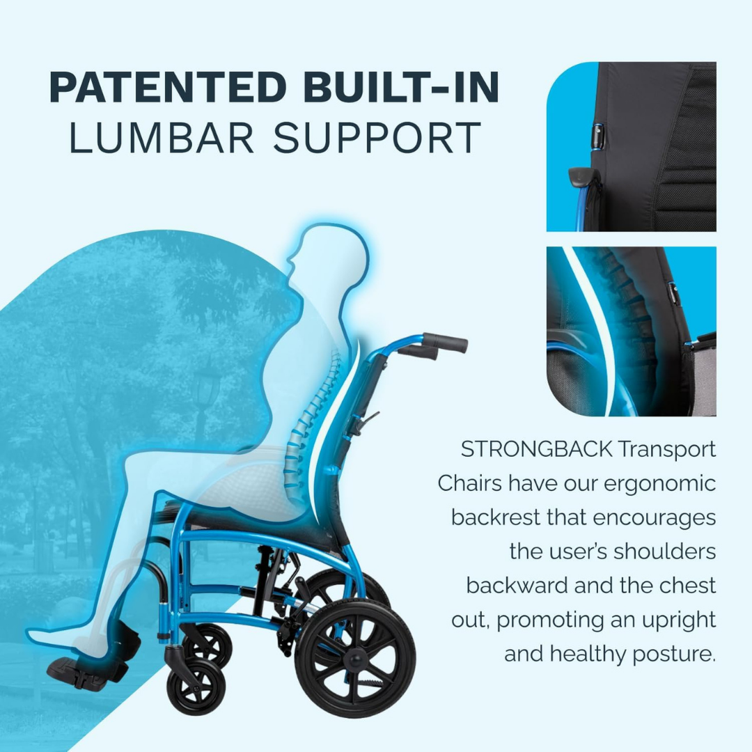 A graphic displays the Strongback Mobility Excursion 12 Transport Wheelchair - Ultralight, featuring highlighted patented lumbar support, an outlined user with correct posture, and close-ups of the ergonomic backrest for healthy positioning.