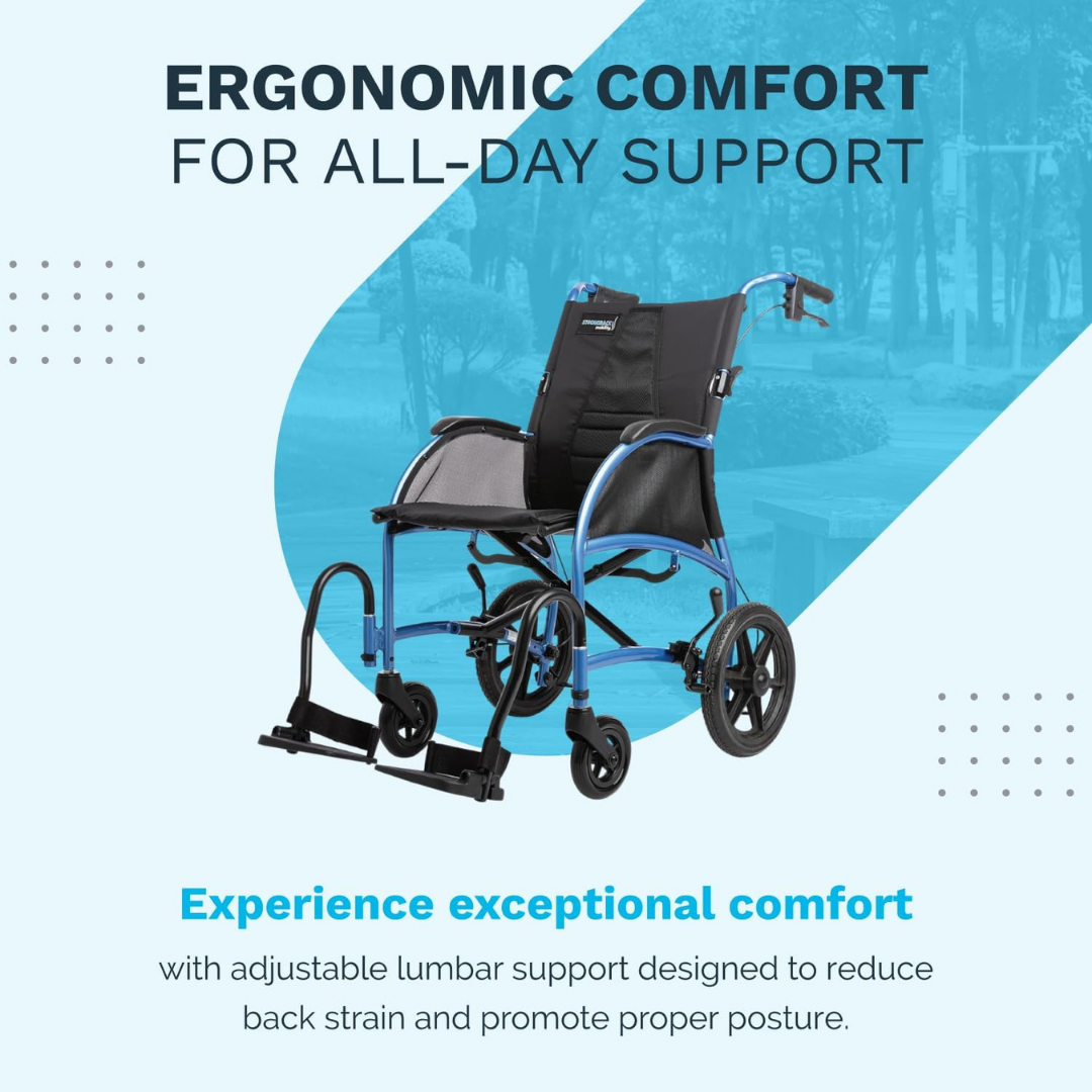 A Strongback Mobility Excursion 12 Transport Wheelchair - Ultralight in blue and black is displayed on a blue background, featuring ergonomic comfort, adjustable lumbar support, and all-day support for reduced back strain and improved posture.