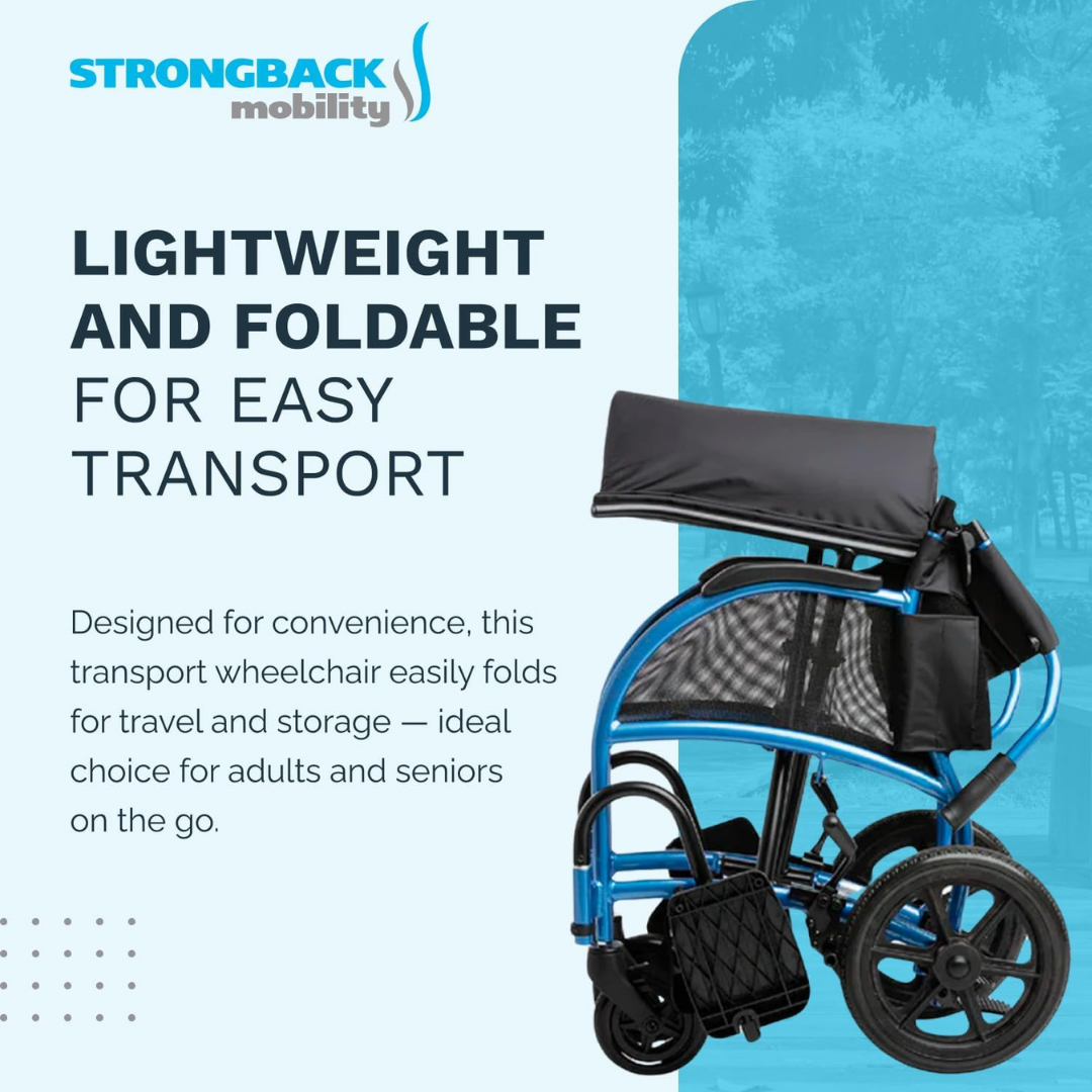 A Strongback Mobility Excursion 12 Transport Wheelchair - Ultralight in blue is folded for transport. This ergonomic wheelchair is lightweight, foldable, and perfect for adults and seniors who want easy travel and storage.