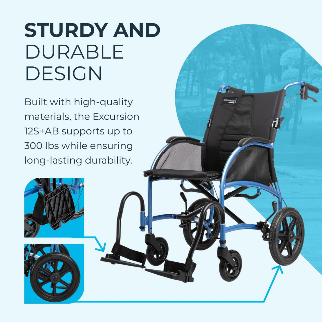 A Strongback Mobility Excursion 12 Transport Wheelchair - Ultralight in blue and black is shown on a light blue background. Text highlights its sturdy, durable design supporting up to 300 lbs, with a close-up inset of the ergonomic folded footrest.