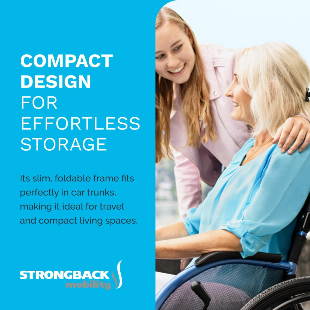 A young woman smiles and chats with an older woman in a wheelchair. Text promotes the Strongback Mobility Excursion 12 Transport Wheelchair - Ultralight, designed for comfort, easy storage, and travel by Strongback Mobility.