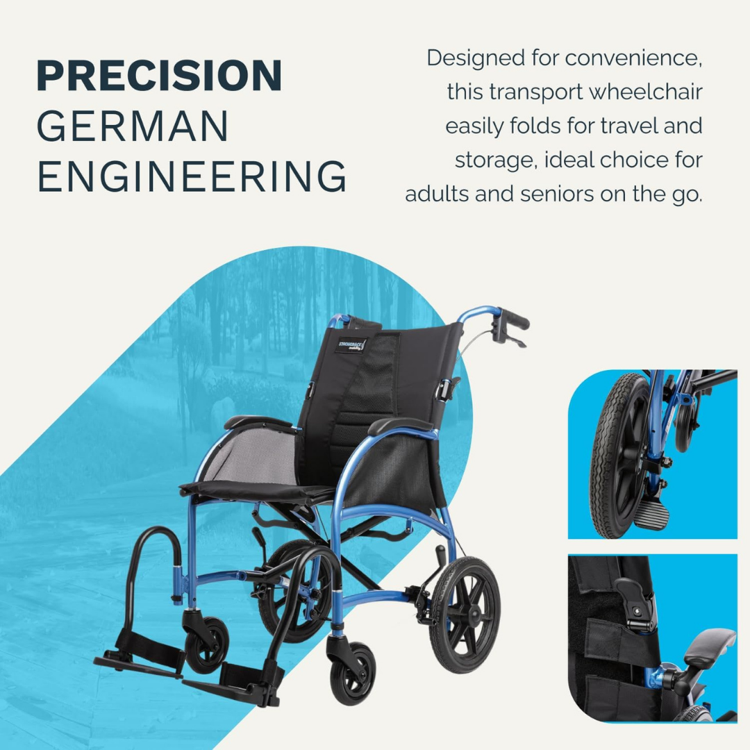 A blue and black Strongback Mobility Excursion 12 Transport Wheelchair - Ultralight is shown with close-ups of its features, highlighting German engineering, a lightweight design, easy folding for travel, and suitability for adults and seniors.