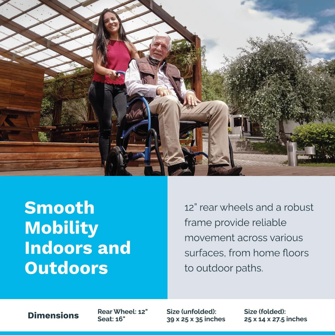 A smiling woman stands behind an older man seated in a Strongback Mobility Excursion 12 Transport Wheelchair - Ultralight on a wooden deck outdoors; text highlights its smooth, lightweight mobility indoors and outdoors.
