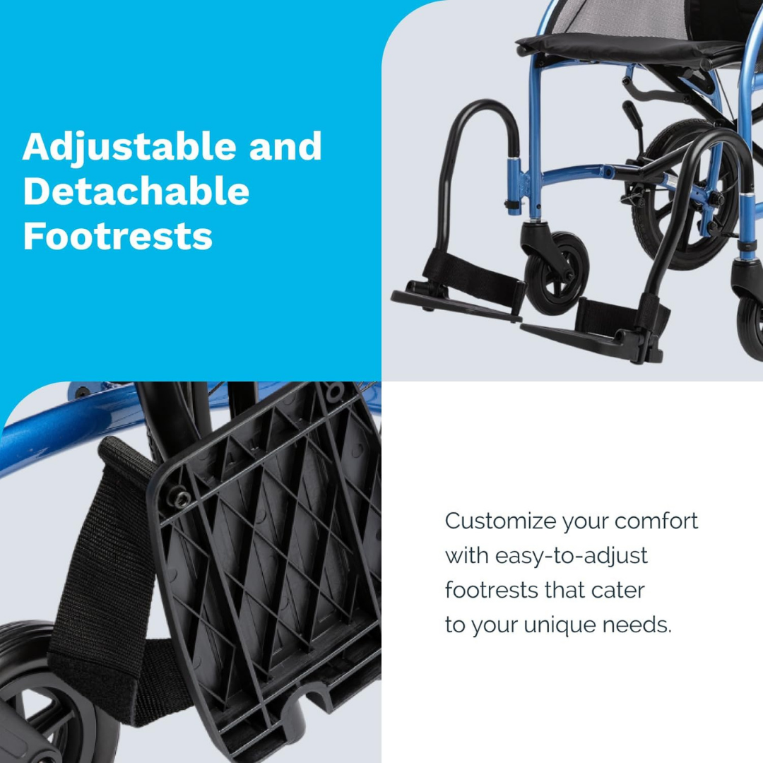Close-up of adjustable, detachable footrests on the Strongback Mobility Excursion 12 Transport Wheelchair - Ultralight, with text highlighting easy customization and ergonomic comfort in this lightweight wheelchair designed for individual user needs.