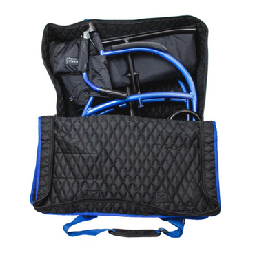 A Strongback Travel Storage Bag for Mobility Aids, black with blue trim and handle, is shown partially open to reveal a blue wheelchair folded inside.