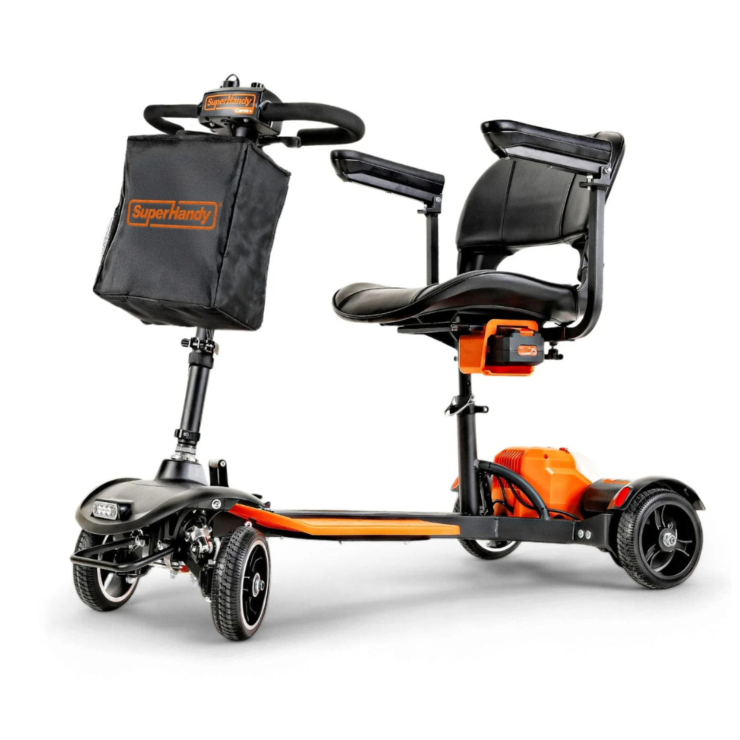 The SuperHandy Passport Prime Folding Mobility Scooter, FAA approved, boasts a sleek black and orange design with a cushioned seat, armrests, and handlebar storage bag. Its brushless motor ensures smooth rides, while its compact size and three small wheels allow for effortless transport and maneuverability.