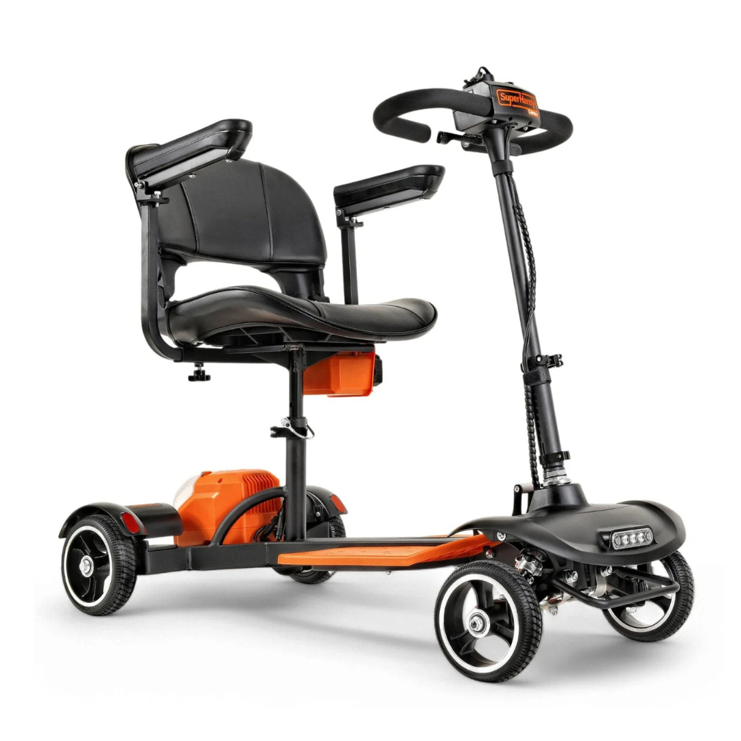 The SuperHandy Passport Prime Folding Mobility Scooter is FAA-approved, featuring a sleek orange and black design with three wheels, a contoured seat, armrests, handlebar steering, a front LED light, smooth brushless motor rides, and advanced electromagnetic braking for safety.