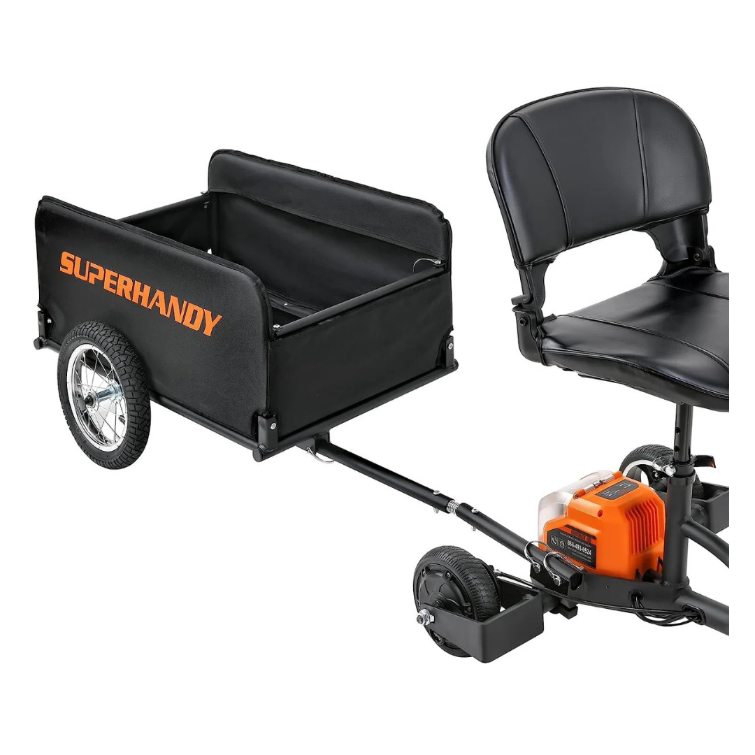 A black SuperHandy Scooter Cargo Trailer with two wheels is securely attached to the rear of a mobility scooter, integrating smoothly with the cushioned seat and orange engine below.