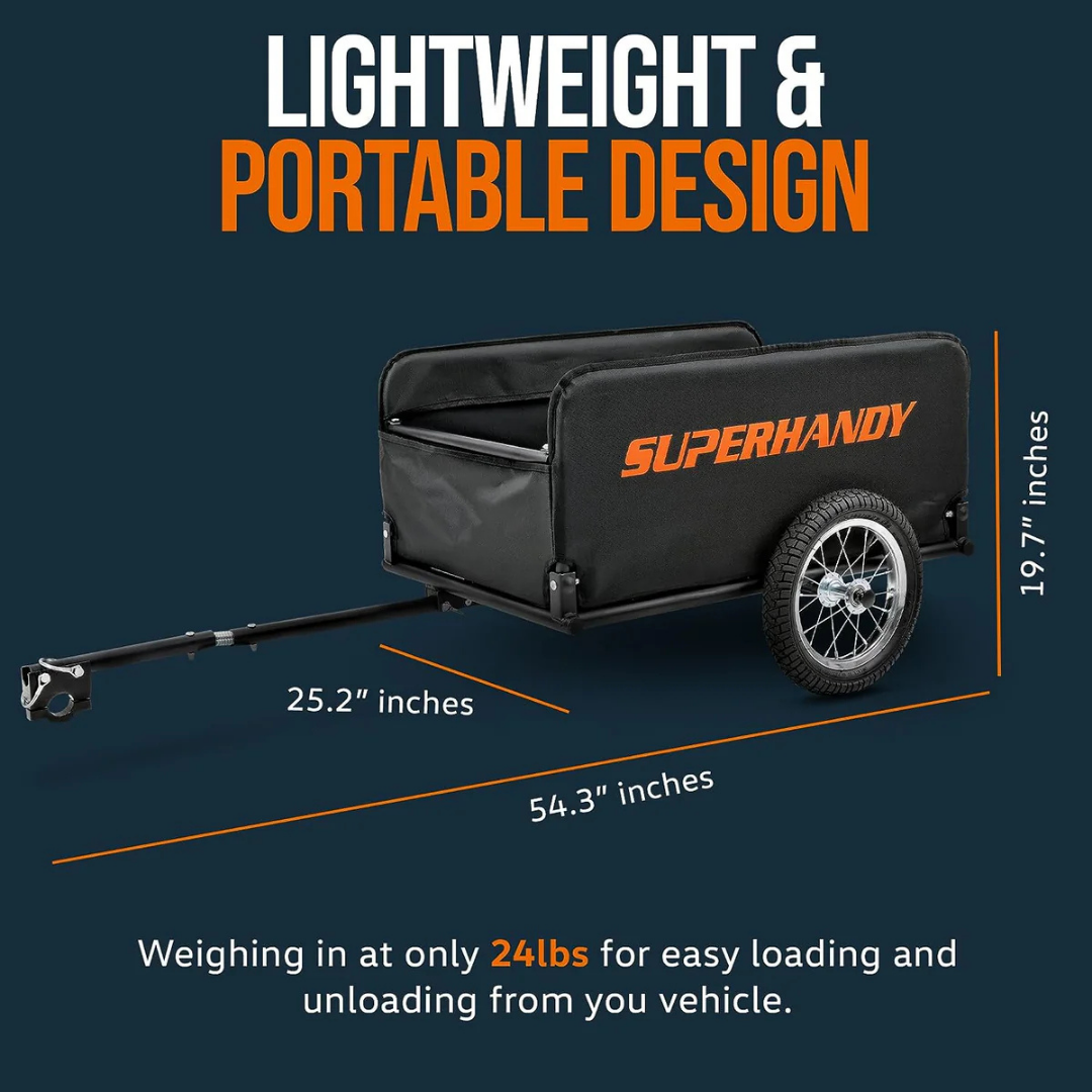 A black SuperHandy Scooter Cargo Trailer with two large wheels and a tow bar is shown. It features a lightweight, portable design, tool-free assembly, weighs 24 lbs, and measures 54.3” x 25.2” x 19.7”.