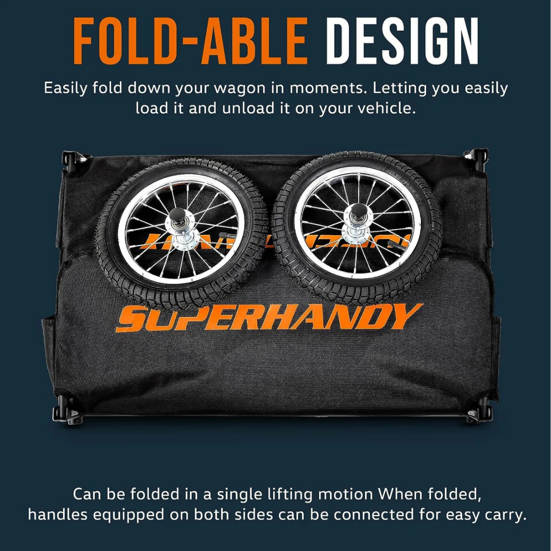 A black SuperHandy Scooter Cargo Trailer is shown folded, its wheels inside. Tool-free assembly, seamless integration, and easy carrying are featured, with handles that connect when the trailer is folded.