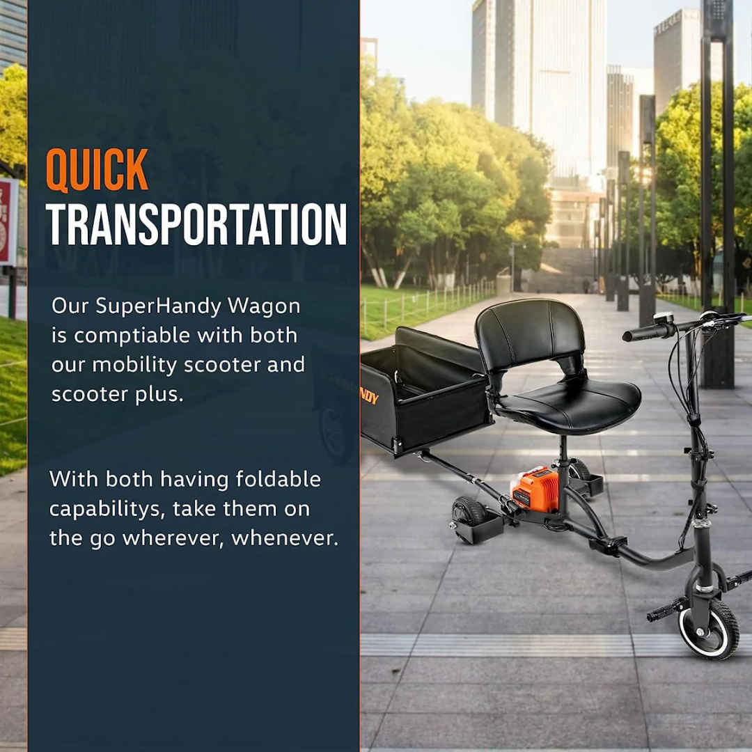 A foldable mobility scooter with a seat is on a city path, accompanied by the SuperHandy Scooter Cargo Trailer, which enables easy and convenient cargo transport for urban travelers.