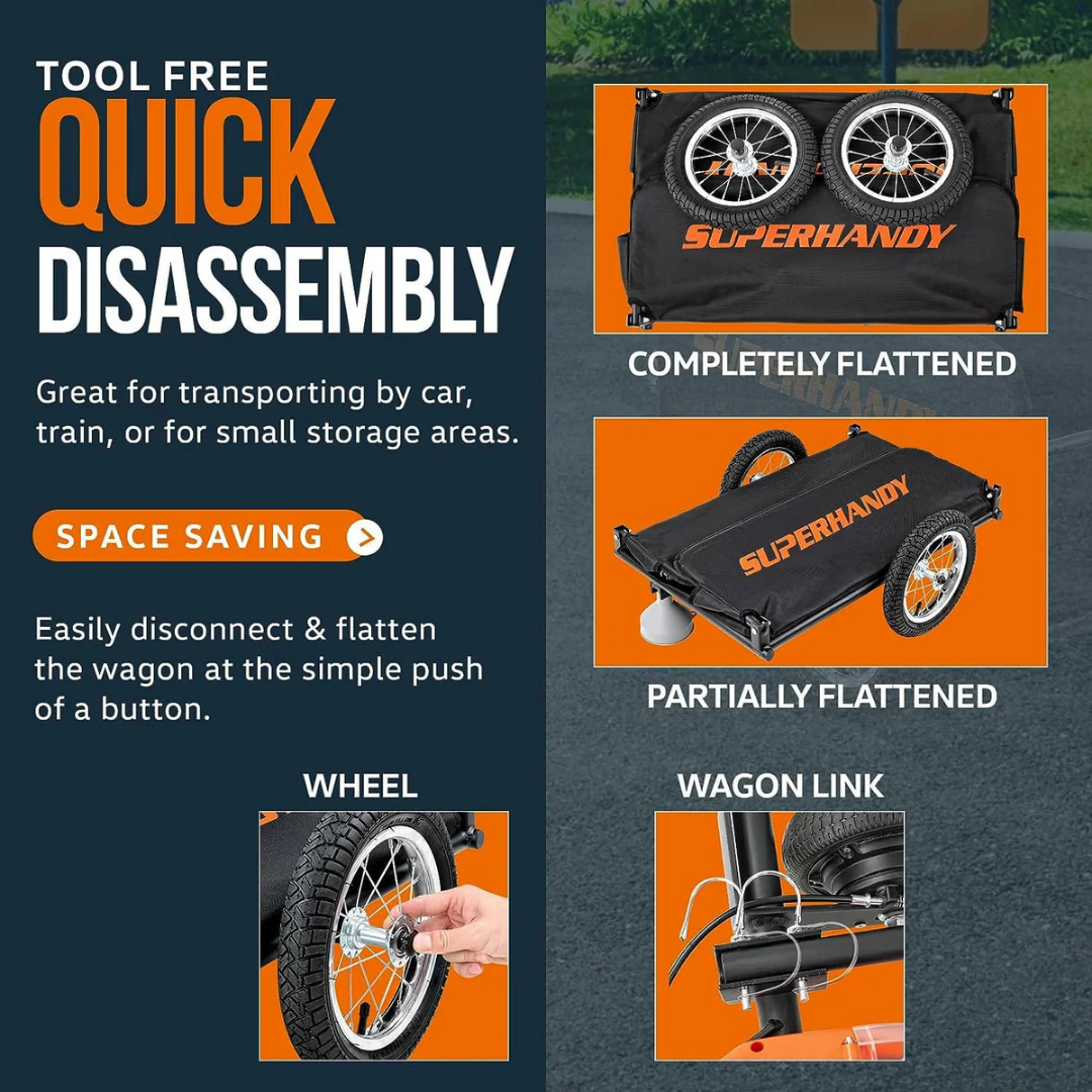 Infographic of the SuperHandy Scooter Cargo Trailer showing tool-free assembly: fully flattened with wheels above, partially collapsed, detached wheel and wagon link—highlighting easy storage and seamless integration.