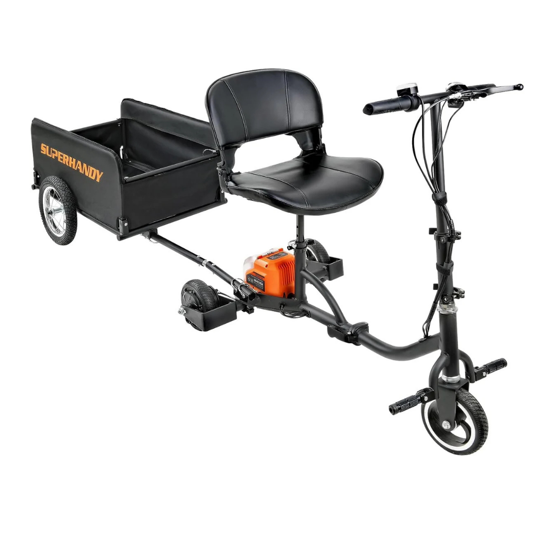 The SuperHandy Scooter Cargo Trailer offers seamless integration and added convenience for your three-wheel mobility scooter, with tool-free assembly for easy setup.