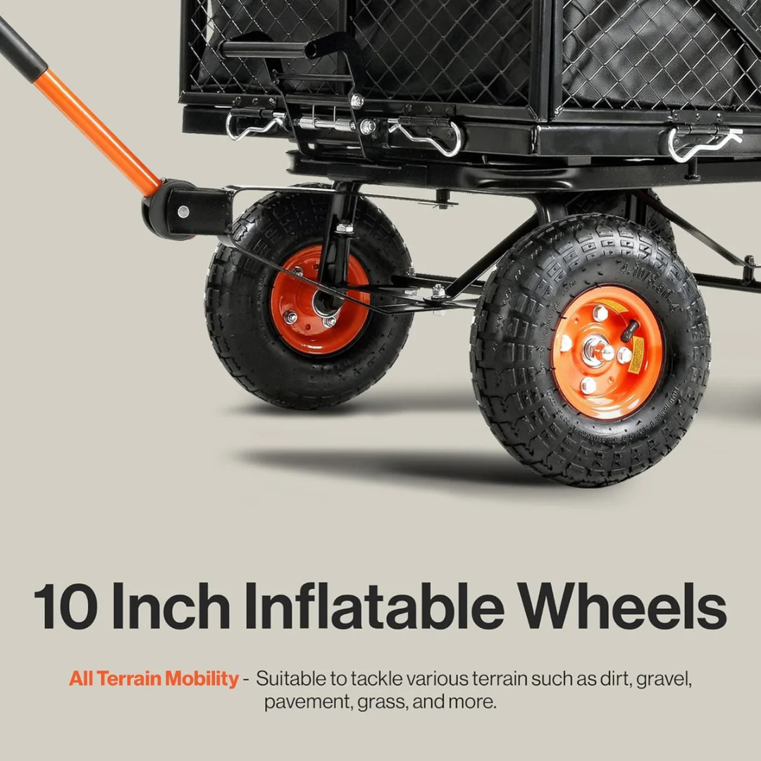 Close-up of the SuperHandy Towable Garden Cart - Quick Dump System’s 10" orange and black inflatable wheels, highlighted for handling dirt, gravel, pavement, grass, and more for all-terrain cart mobility.