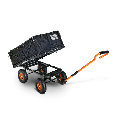 The SuperHandy Towable Garden Cart - Quick Dump System features a black mesh bed, orange handle, and four large orange wheels—ideal as a high-capacity garden cart for easy hauling and dumping of materials.