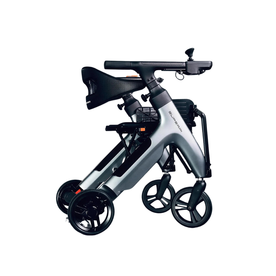 The Superpi W1 Electric Wheelchair Rollator with 4-in-1 functionality, in a sleek silver and black foldable design, is shown folded with four wheels and an attached seat against a white background.