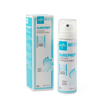 A 50 ml canister of Medline SurePrep Adhesive Remover Spray, alcohol-free and no-sting, features blue and white packaging and a convenient spray nozzle.