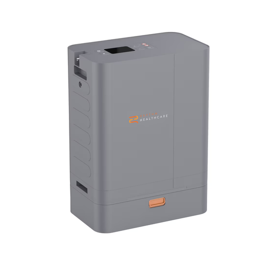 The Rhythm TOC3 Transportable Oxygen Concentrator is a portable gray device with a rectangular shape, digital display, top buttons, React Health logo, and orange accent—perfect for continuous flow and portable oxygen therapy.