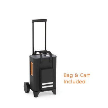 The Rhythm TOC3 Transportable Oxygen Concentrator features a black rolling cart with an extended handle, detachable bag, large wheels, and side ventilation panels. Text beside it states: Bag & Cart Included.