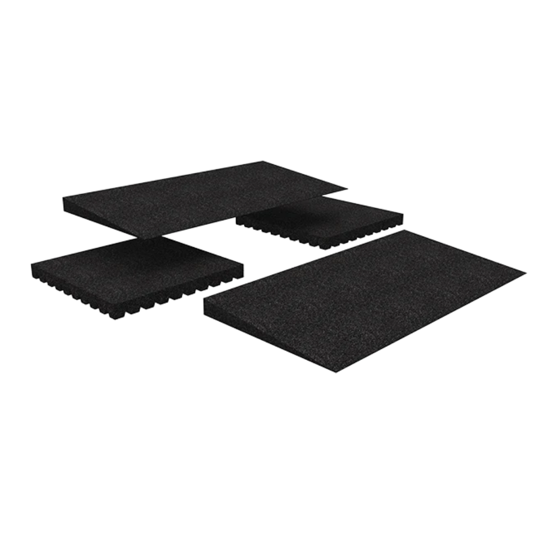 The EZ-Access TRANSITIONS® Modular Entry Mat provides an eco-friendly, safe solution for smooth transitions in any space. Four rectangular black mats—two smooth, two with textured surfaces—are shown on a white background.