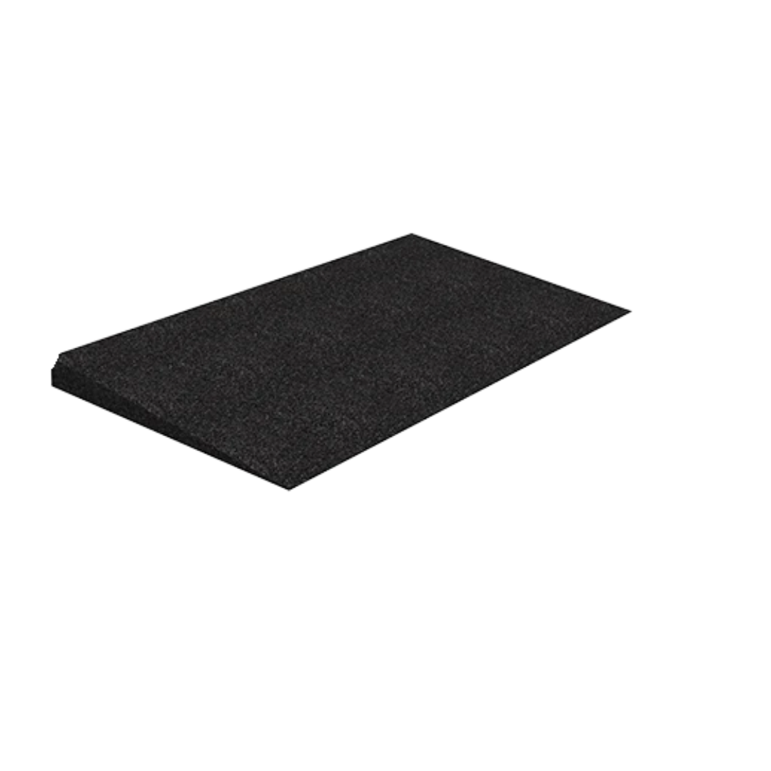 The EZ-Access TRANSITIONS® Modular Entry Mat is a black, rectangular, wedge-shaped rubber ramp with a textured surface for safe transitions, displayed on a plain white background.