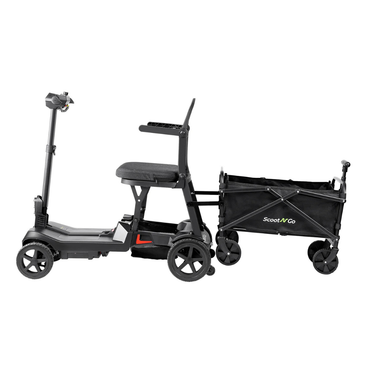 A black mobility scooter is connected to a black collapsible Trailer For ScootNgo Lite/Voyager, designed for transporting items or groceries. The setup resembles a scooter trailer, with both vehicles featuring four wheels and shown from the side on a white background.