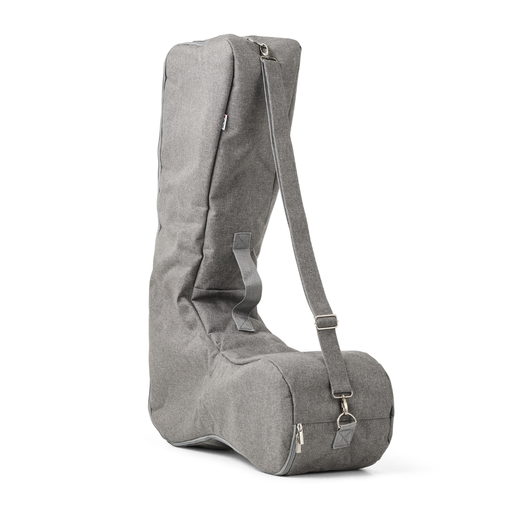 The Travel Storage Bag for ByAcre Ultralight Carbon Fiber Rollators is a gray fabric duffel with a long L-shaped design, zippered closure, side handle, and adjustable shoulder strap, shown upright on a white background.