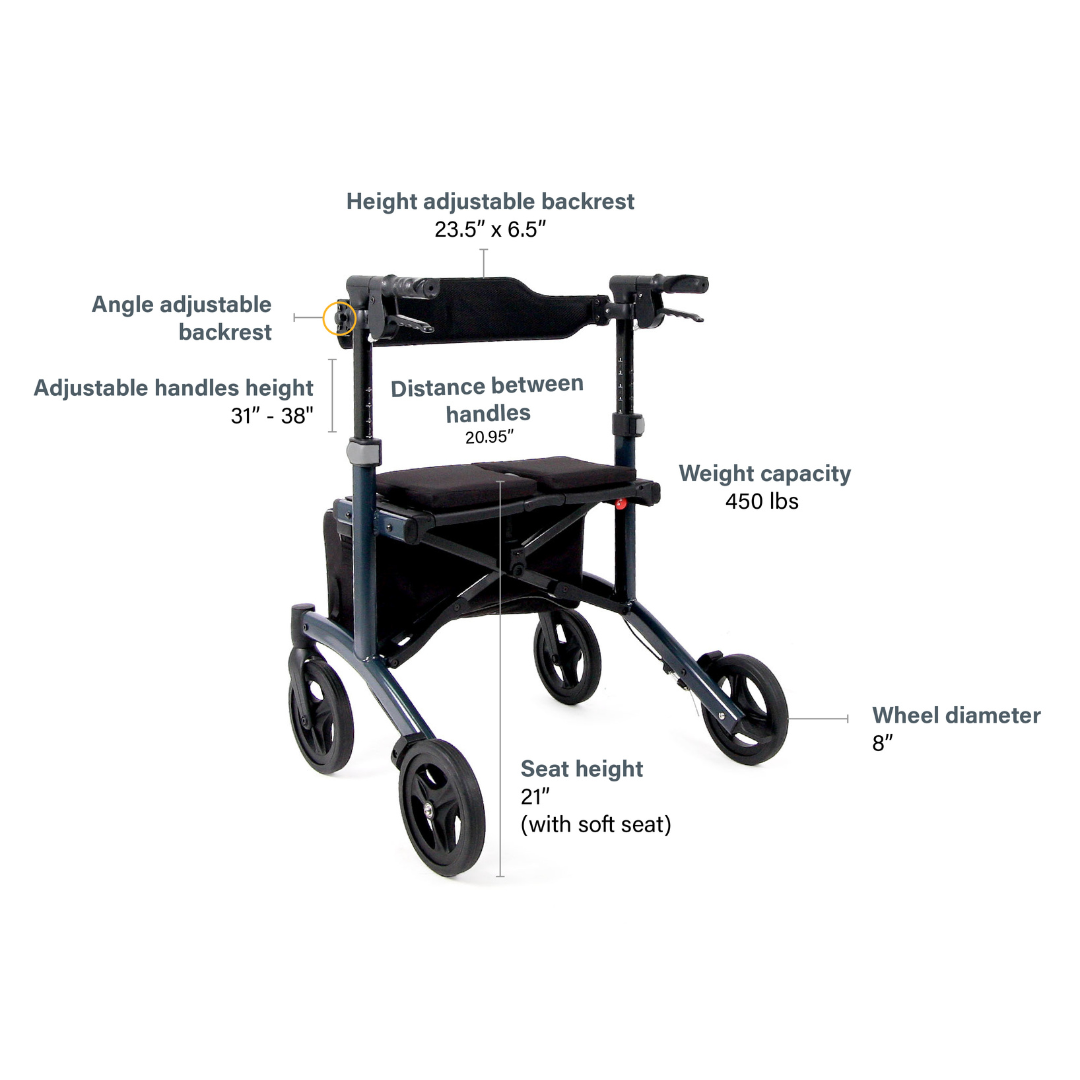 The Triumph Mobility Escape HD Folding Bariatric Rollator is travel-friendly and designed for convenience with a height-adjustable backrest (23.5 x 6.5), adjustable handles (31-38), and an advanced braking system. It features a 450 lb weight capacity, 21 seat height, and 8 wheel diameter.