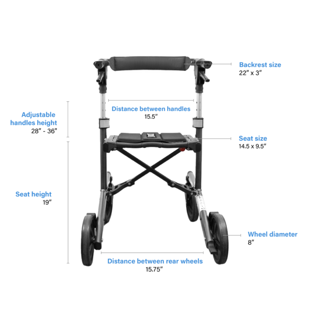 Discover the Triumph Mobility Escape Petite Folding Rollator with adjustable handles (28-36), 8 wheels, and a dependable braking system. Enjoy the comfort of a 22x3 backrest and 14.5x9.5 seat, perfectly spaced handles, and wheels for easy mobility with every step.