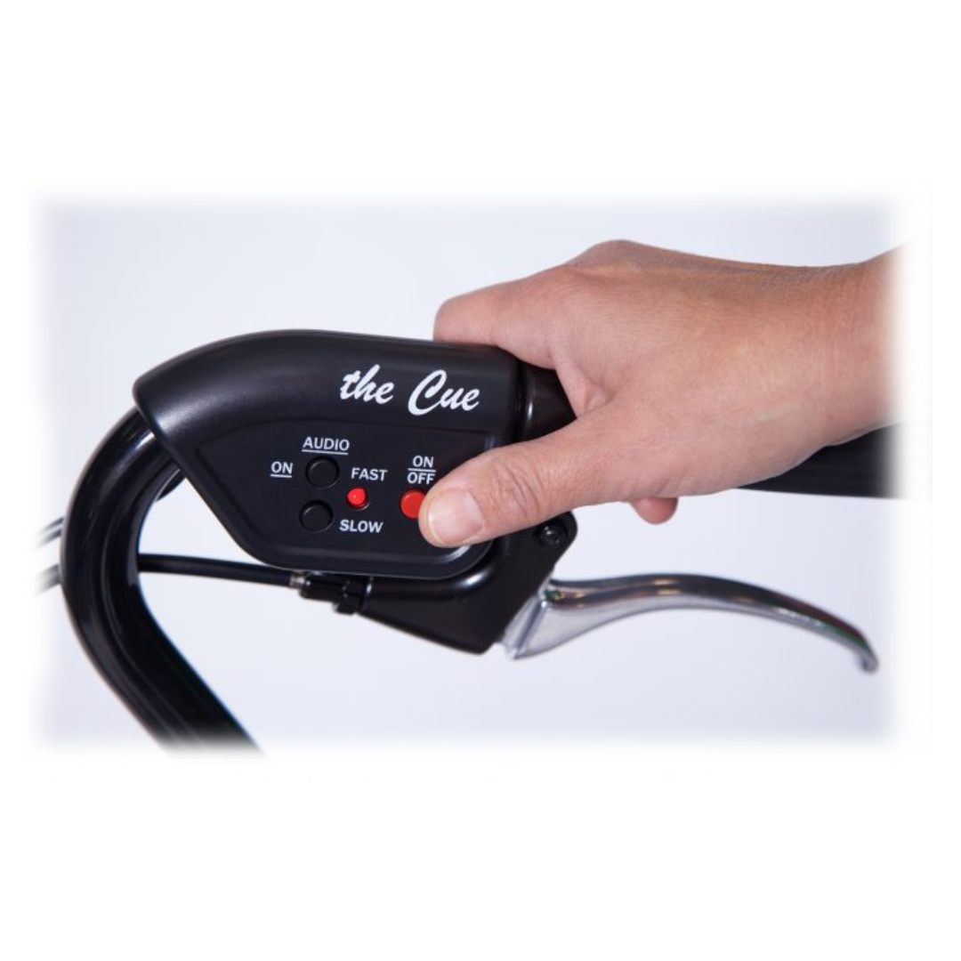 A hand adjusts the Cue controls on a black device attached to a U-Step Neuro Walking Stabilizer - Rolling Walker with Reverse Braking, featuring Audio and Fast/Slow buttons on its curved handlebar—ideal for neurological conditions.