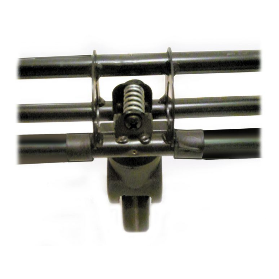 Close-up of the U-Step Neuro Walking Stabilizer, a rolling walker with reverse braking, showing its metal mechanical parts with a central spring and tubes, photographed against a white background.