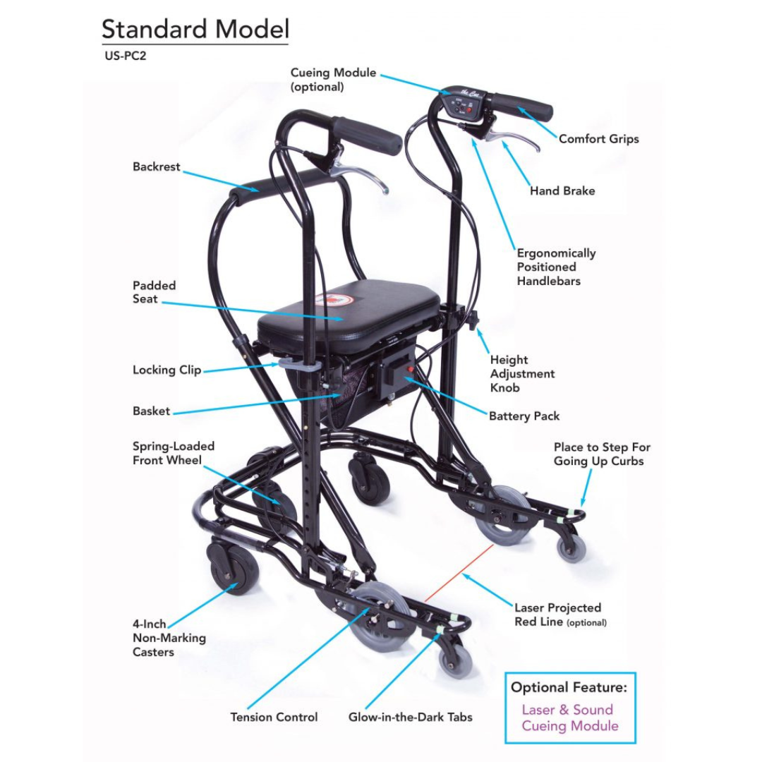 A black U-Step Neuro Walking Stabilizer - Rolling Walker with Reverse Braking, featuring a padded seat, ergonomic handles, comfort grips, laser cueing module, and non-marking wheels—ideal for neurological conditions.