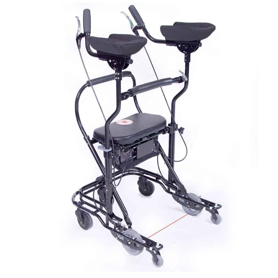 The U-Step Neuro Walking Stabilizer - Rolling Walker with Reverse Braking is a lightweight, four-wheeled walker with arm supports, hand grips, and a padded seat. Adjustable and ideal for neurological conditions, it offers easy indoor mobility.