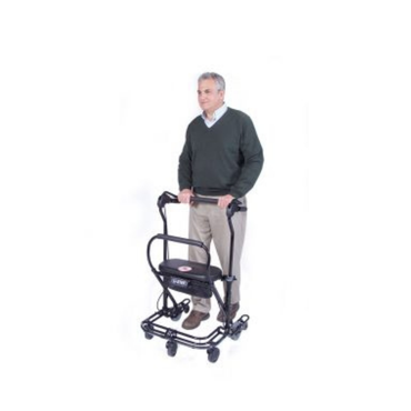 A man stands upright holding the U-Step Neuro Walking Stabilizer - Rolling Walker with Reverse Braking, featuring a small seat, designed for neurological conditions, against a white background.